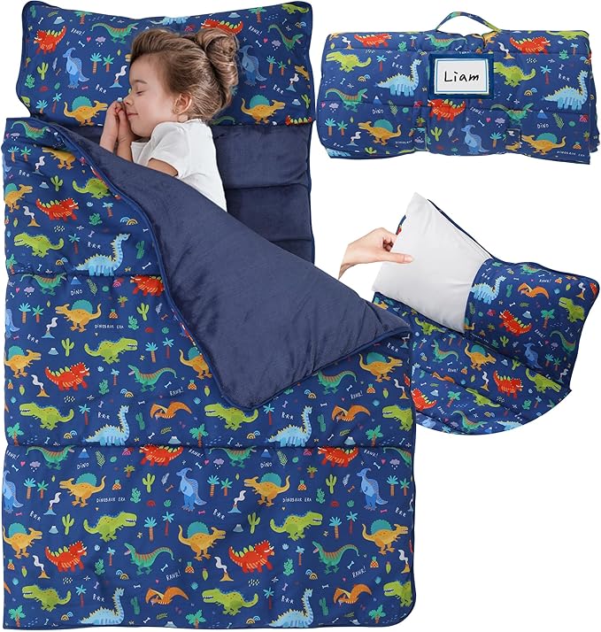 Toddler Nap Mat with Detachable Pillow & Blanket - Soft Plush Minky Fleece Kids Sleeping Bag for Daycare, Preschool & Travel - Portable Roll-Up Design with Carry Handle - Boys Girls Ages 3+
