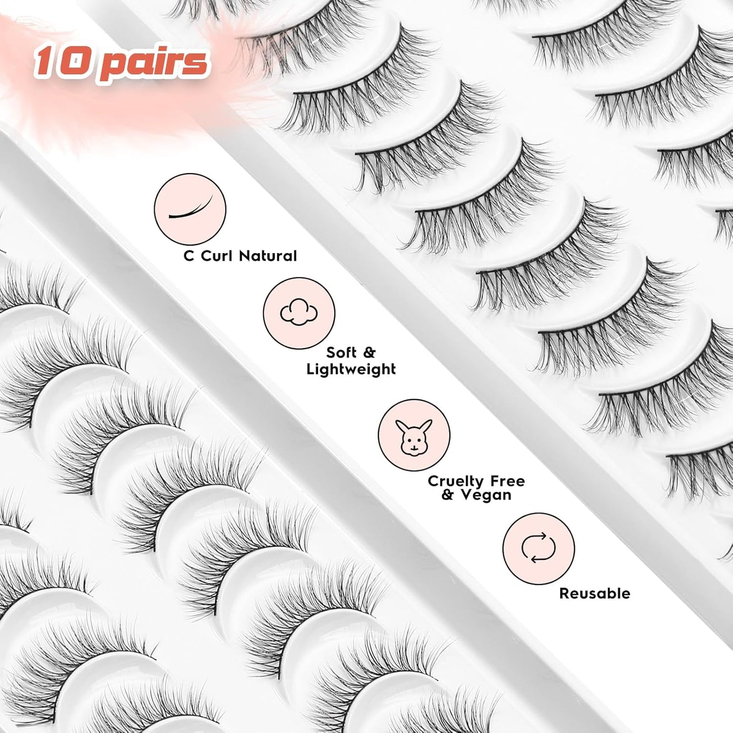 Eyelashes Natural Cat Eye Lashes False Eyelashes Wispy Lashes C Curl Flared Eye Lashes Pack Cat Eyelashes Soft Strip Lashes 12mm Lash Strips Siligli 10 Pair