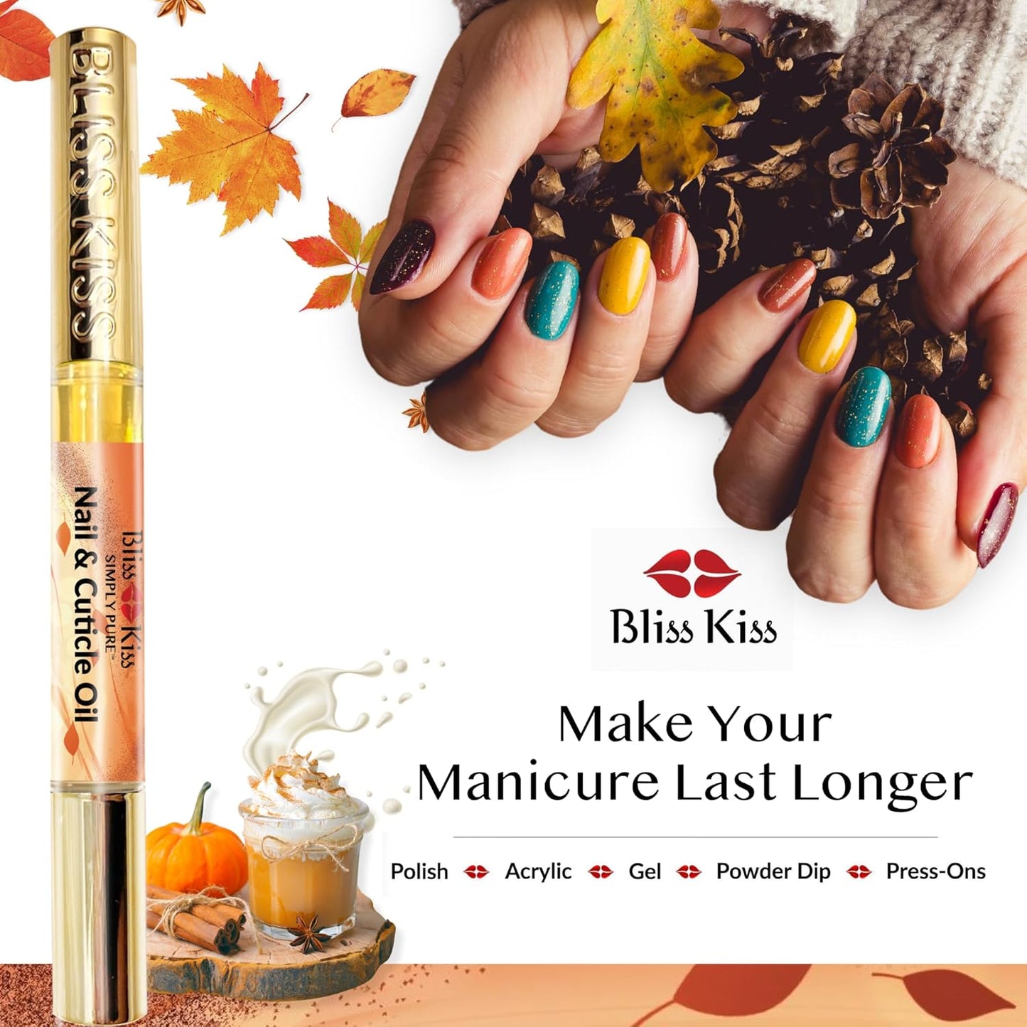 Bliss Kiss | 4 Pumpkin Spice Latte Scent Nail | Oil Cuticle Pen w/Vitamin E & Jojoba⏤Nail Strengthener Nail Growth Serum for Brittle Peeling Breaking Thin Nails