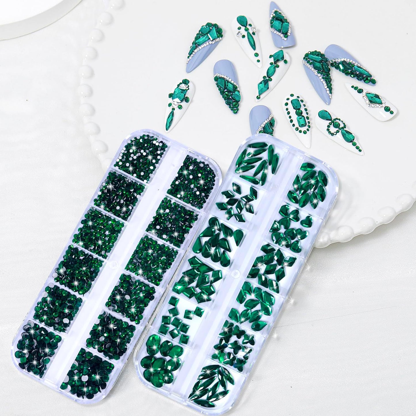 Nail Rhinestones - 3D Multi Shape Size, Flat Back, Crystals Manicure Rhinestones Charms, Green Nail Gems, with Kit, for Nail Art, Bedazzling Acrylic Nails, DIY Decor