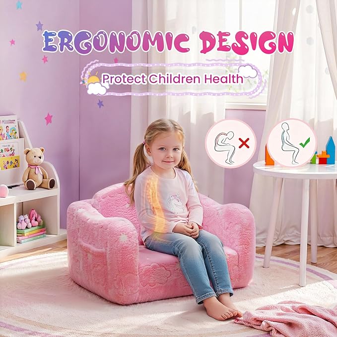 Lamerge 2-in-1 Toddler Couch,Glow in The Dark Baby Floor Bed,Foldable Toddler Chair Kids Sofa for playroom,Convertible Sofa to Lounger for Girls and Boys (Rainbow and Unicorn)