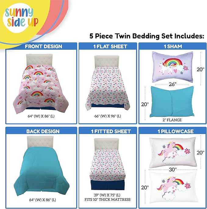 Sunny Side Up Rainbow Unicorns Twin Comforter Set - 5 Piece Kids Bedding Includes Comforter, Sheets & Pillow Cover - Super Soft Pink Floral Microfiber Bed Set