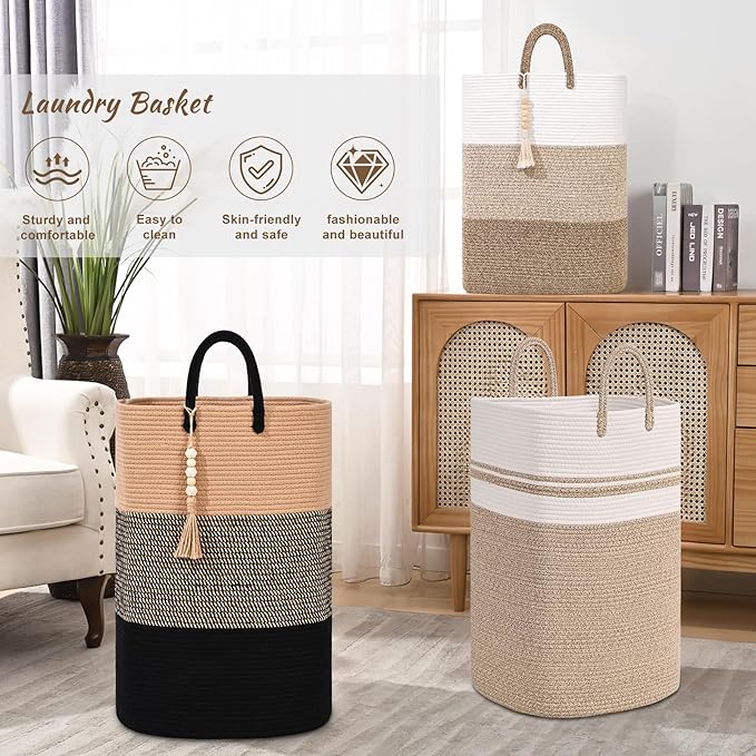 Woven Laundry Basket for Clothes, 80 L Large Rectangle Laundry Hampers with Beads Tassel, Nursery Storage Basket for Toys, Tall Dirty Clothes Hamper for Bedroom Aesthetic, Laundry Room Organization