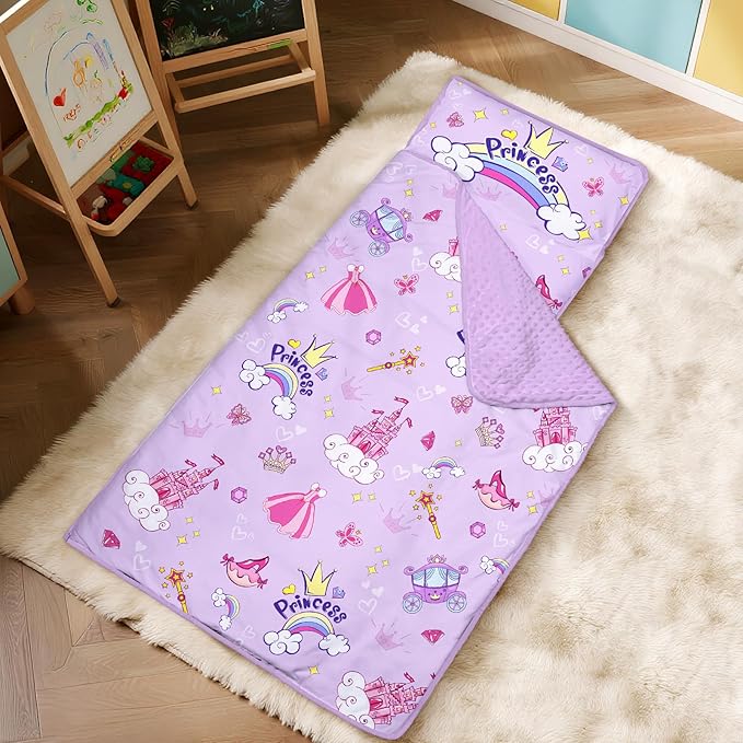 Toddler Nap Mat Kids Sleeping Bag 59"×24", Soft Slumber Bag with Removable Pillow and Blanket for Kids Girls Boys,Roll Up Sleeping Mat Thick for Camping,Daycare, Kindergarden