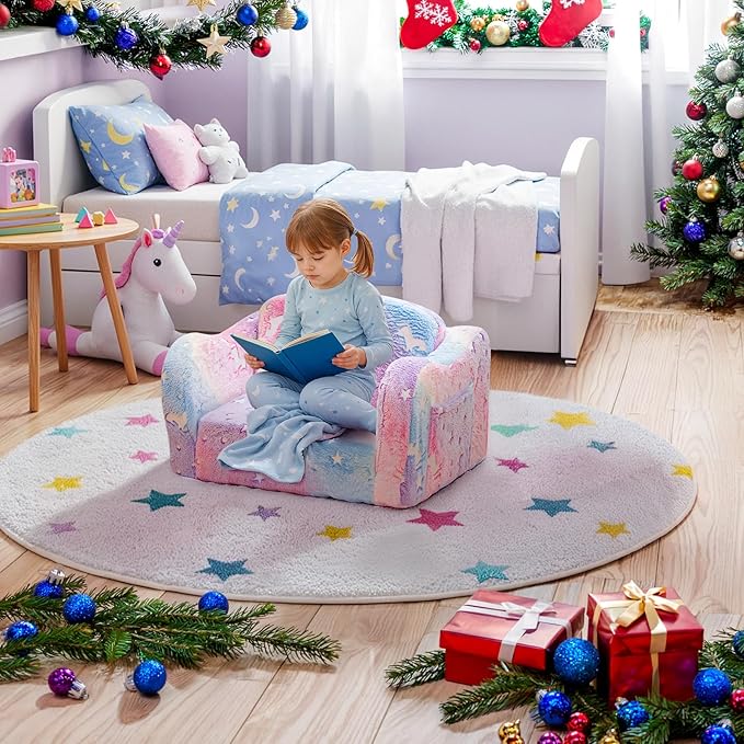 Lamerge 2-in-1 Toddler Couch,Glow in The Dark Baby Floor Bed,Foldable Toddler Chair Kids Sofa for playroom,Convertible Sofa to Lounger for Girls and Boys (Pink and Clouds)