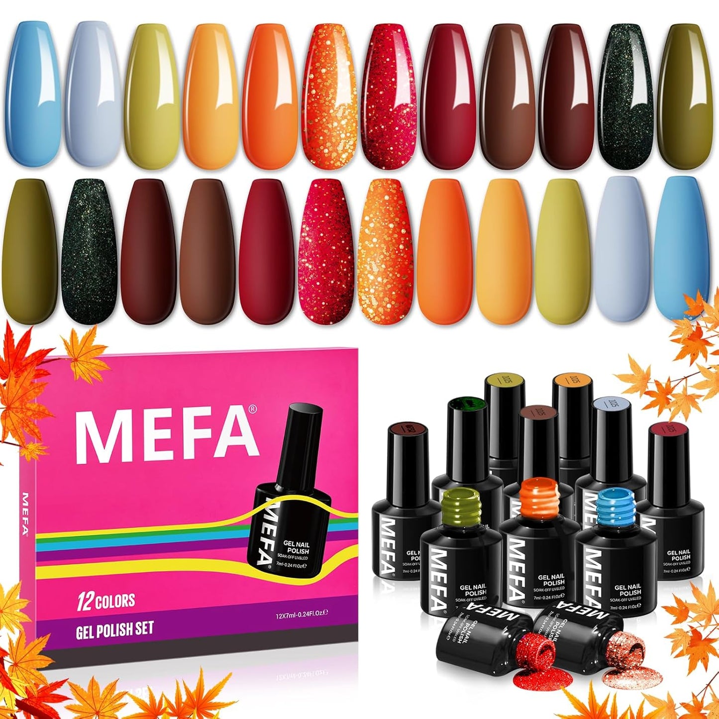 MEFA Fall Gel Nail Polish Set, 12 Colors Orange Burgundy Red Gel Polish Set Flash Dark Red Glitter Nail Polish Shimmer Nude Brown Blue Yellow Nail Gifts for Women Girl DIY Salon Home Spring Summer