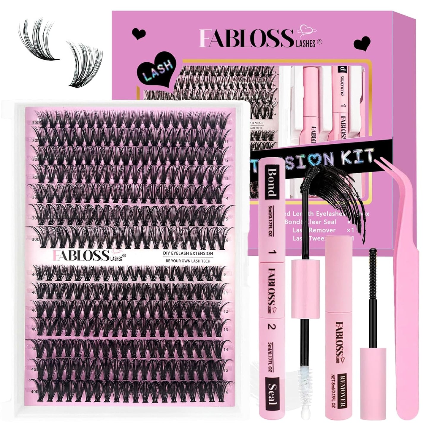 Lash Clusters Kit Fluffy 280Pcs Lash Clusters DIY Eyelash Extension Kit 30D+40D Individual Lashes Clusters Kit with Lash Bond and Seal, Lash Remover, Lash Tweezers(30D+40D, 9-16mm, Kit)