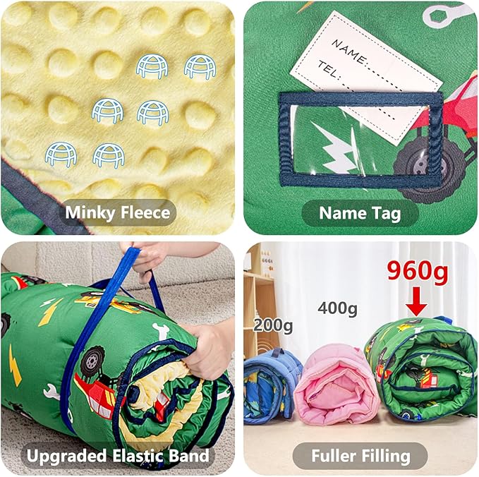 Primlect Toddler Nap Mat Extra Large Thickened 55''x35'', Soft Sleeping Bag with Detachable Minky Blanket and Pillow, Portable for Daycare, Preschool, Kindergarten, Travel, Boys and Girls