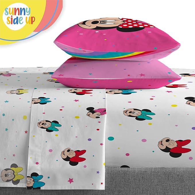 Sunny Side Up Disney Minnie Mouse Full Comforter Set - 7 Piece Kids Bedding Includes Comforter, Sheets & Pillow Cover - Super Soft Rainbow Dots Microfiber Bed Set