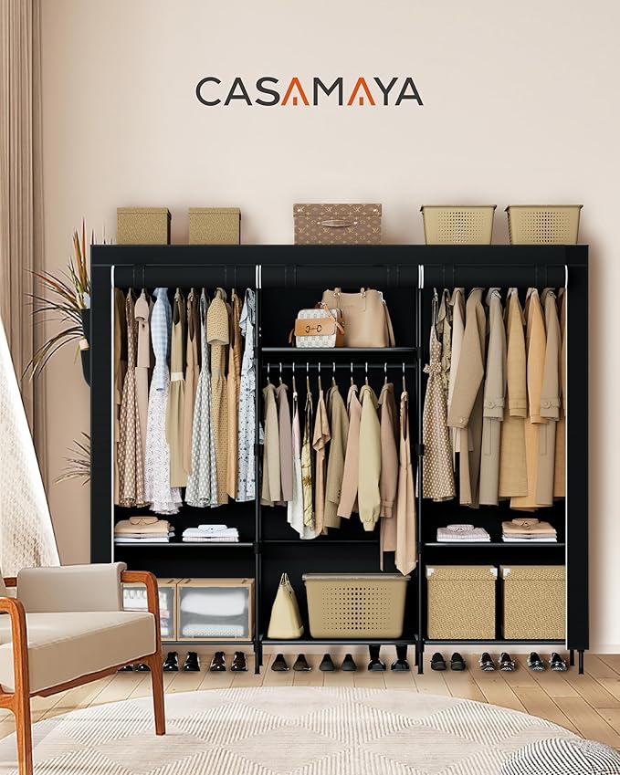 Portable Closet, 81.1 Inch Extra Large Capacity Wardrobe Closet with Cover, Clothes Storage Organizer with Shelves and 3 Hanging Rods, Easy to Assembly, Black PCT133B01