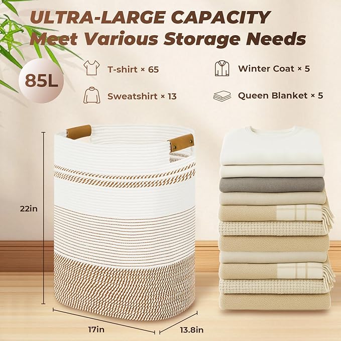 Laundry Basket with Handles - Blanket Basket & Hampers for Bedroom Aesthetic, Laundry Hamper & Blanket Storage for Living Room, Clothes Hamper, Tall, Large 17" x 14" x 22”, Brown & White