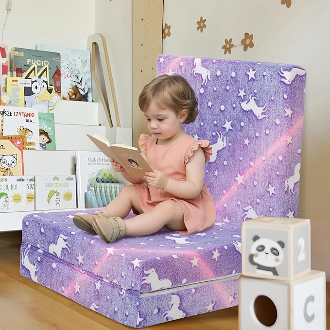 MeMoreCool Foldable Floor Mattress for Kids, Glow Unicorn Toddlers Trifold Nap Mat, Kids Folding Mattress Portable Sleeping Futon for Daycare or Floor Bed, 57x22 Inch Purple