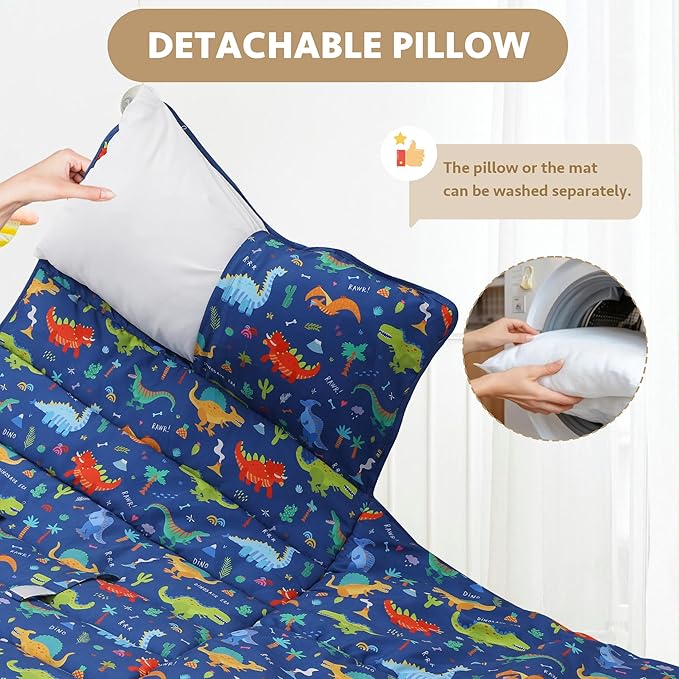 Toddler Nap Mat with Detachable Pillow & Blanket - Soft Plush Minky Fleece Kids Sleeping Bag for Daycare, Preschool & Travel - Portable Roll-Up Design with Carry Handle - Boys Girls Ages 3+