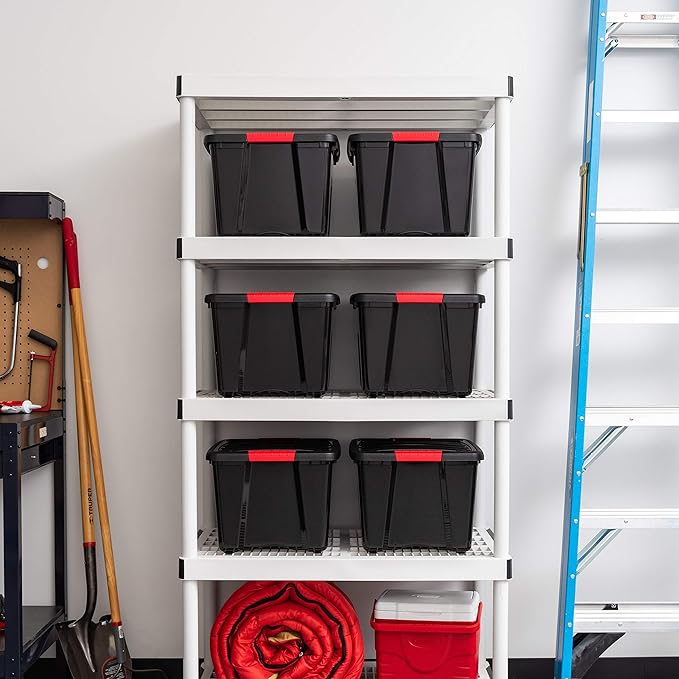 IRIS USA 40 Qt Stackable Plastic Storage Bins with Lids, 6 Pack - BPA-Free, Made in USA - Garage Organizing Solution, Latches, Durable Nestable Containers, Secure Pull Handle - Black