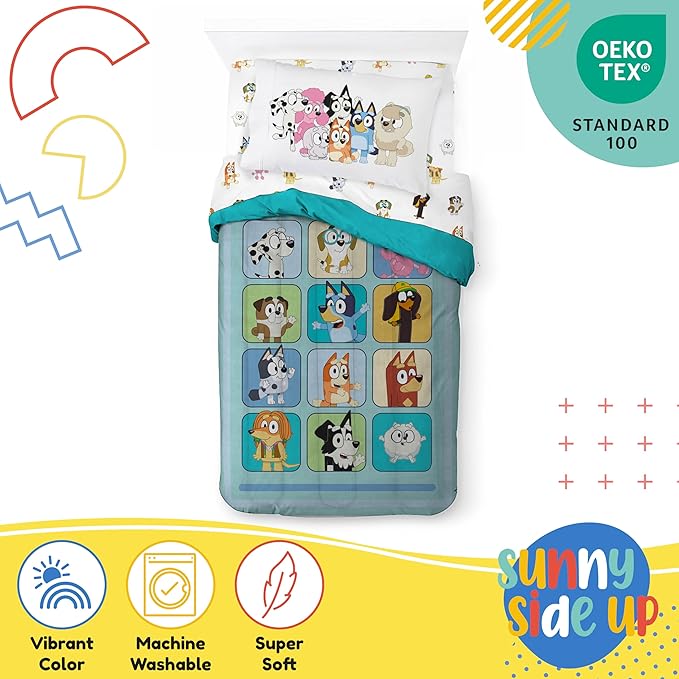 Sunny Side Up Bluey & Friends Twin Comforter Set - 5 Piece Kids Bedding Includes Comforter, Sheets & Pillow Cover - Super Soft Microfiber Bed Set
