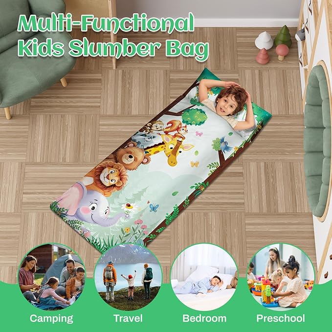 Toddler Nap Mat Kids Sleeping Bag 59‘’×24‘’, Soft Slumber Bag with Removable Pillow for Kids Girls Boys,Roll Up Sleeping Mat Lightweight for Camping,Daycare, Kindergarden