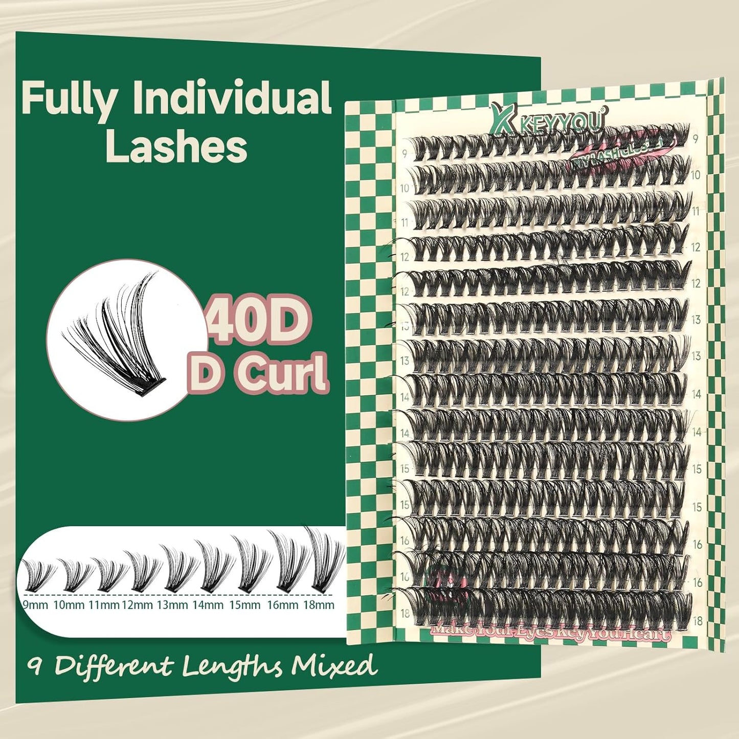 DIY Lash Extension Kit 280pcs Individual Lashes D Curl Eyelash Extension Kit KEYYOU 40D 9-18Mix Lash Clusters with Lash Bond and Seal and Lash Applicator for DIY at Home(KIT-40D-0.07D-9-18Mix)