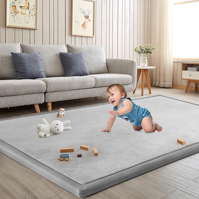 Baby Play Mat for Floor Tummy Time Mat Nursery Muscle Area Rug Playroom Rug Tatami 59"*71" Memory Foam 1.3" Thick Crawling For Babies,Toddlers, Infants, Kids,Floor(Light Gray)