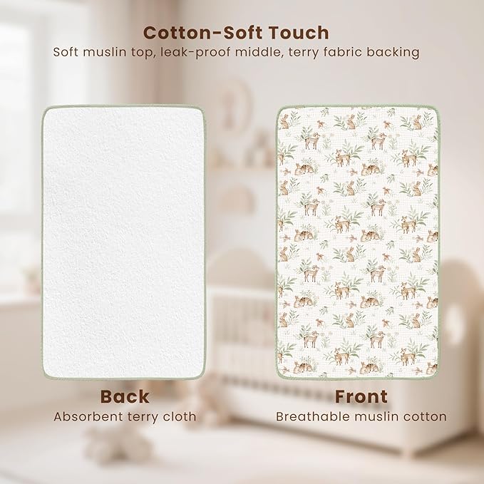Konssy 2 Pack Waterproof Muslin Cotton Portable Changing Pad 30"x 17", Soft & Foldable Baby Changing Mat Travel Pad with Terry Backing, Shower Gift for Newborn Girls Boys (Woodland,Sage)