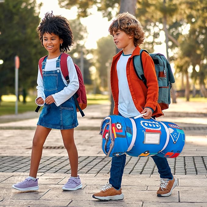 Primlect Thickened Toddler Nap Mat with Removable Pillow and Minky Blanket, Extra Large 55''x35'' Sleeping Bag, Washable, Roll up, Perfect for Daycare, Preschool, Kindergarten, Boys and Girls Blue Car