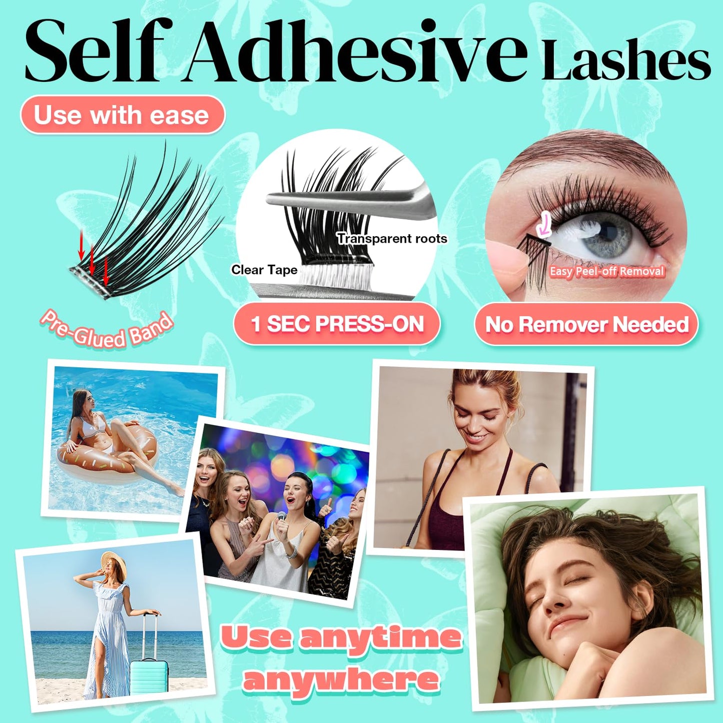 No Glue Needed Lashes, Self Adhesive Eyelashes, DIY Lash Cluster Eyelash Extensions Kit 10‑18mm,100pcs Fluffy D Curl Soft Natural Lashes with Tweezers–Fake Cat Eye Wispy Individual Clusters(NGDY61)