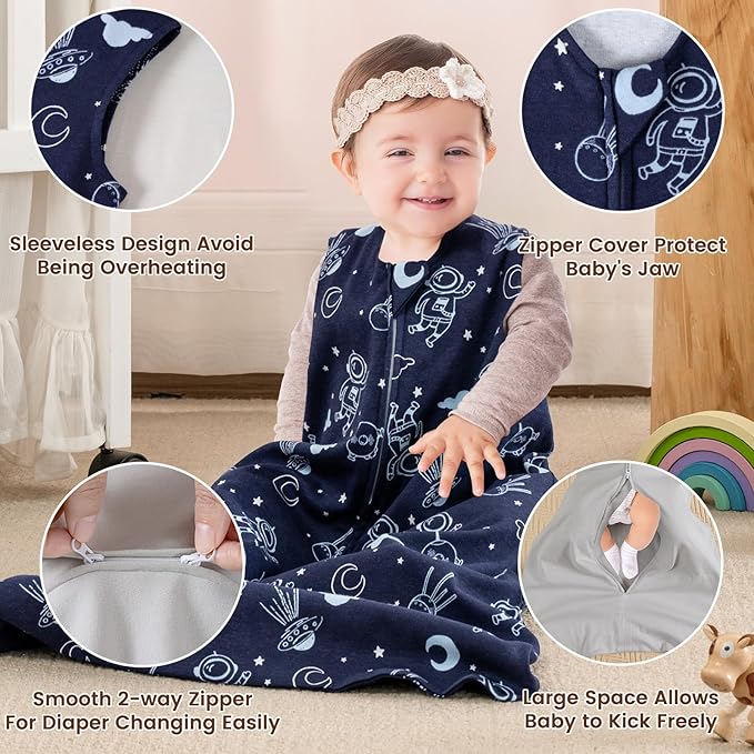 PHF Soft Baby Sleep Sack 18-24 Months 100% Organic Cotton Wearable Blanket, 2-Way Zipper 0.5 TOG Toddler Sleeping Sack 3 Pack, Comfy Sleep Bag for Baby Boys Girls, Navy Space (X-Large)