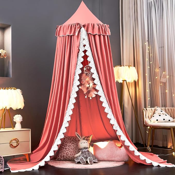 Kertnic Bed Canopy for Girls, Ruffled Soft Pink Princess Canopy Dreamy Bow Decor, Bed Canopies for Kids Room, Hanging Canopy Bedding Drapes Toddler Reading Nook Play Tent (Red Bean)