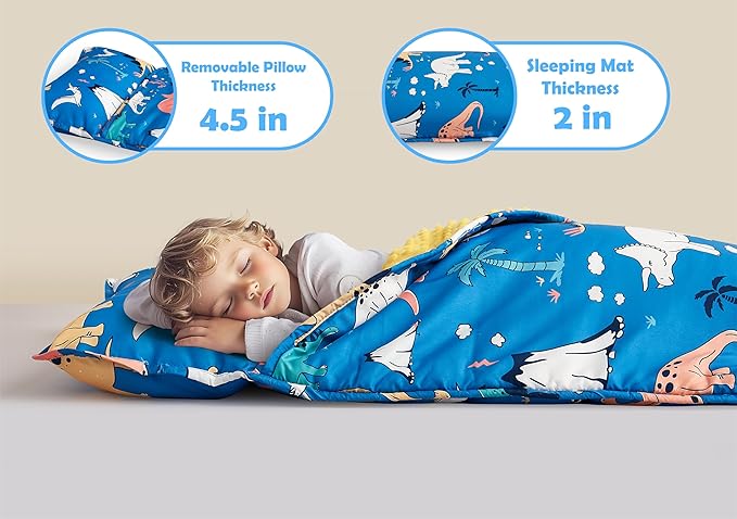 Toddler Nap Mat with Removable Pillow & Minky Blanket Sleeping Bag for Kids Handle & Fastening Nap Mats for Preschool Daycare Kindergarten Kids Sleeping Bag (Ages 2-7 Years) Blue Dinosaur