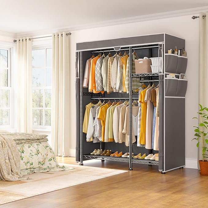 Raybee Clothes Rack with Cover Clothing Racks for Hanging Clothes Heavy Duty Portable Closet with Wheels，Rolling Garment Rack for Bedroom,Black