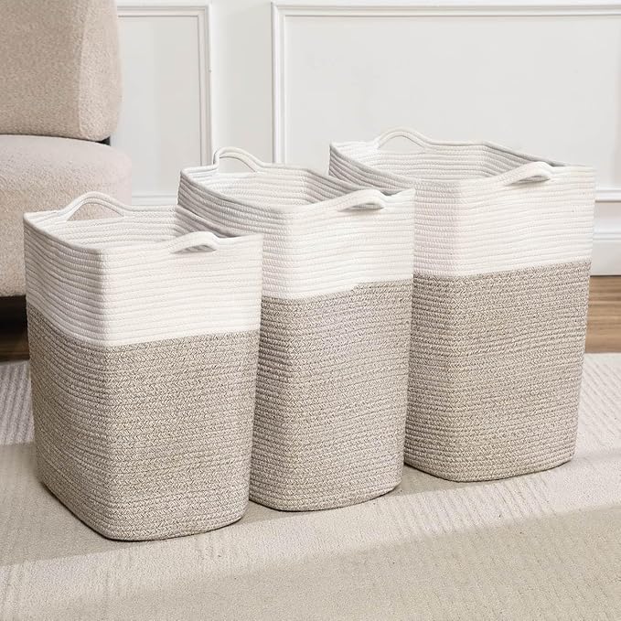 Tall Laundry Basket With Handles,Woven Cotton Rope Big Laundry Hamper Sorters,Versatile Storage for Dirty Clothes,Baby Toys,and Blankets in Bathroom, Nursery,and Living Room (White Brown, 50L)