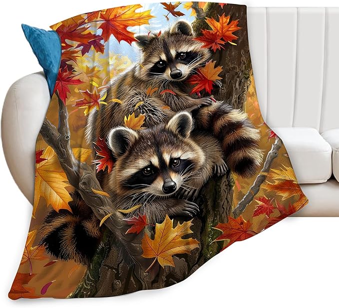 Raccoon Blanket Funny Raccoons Gifts for Girls Boys Woman Kids Raccoon Lover Maple Leaf Throw Blankets Soft Blanket Warm Fleece Flannel Plush Blankets for Bed Sofa Couch 60"x80"