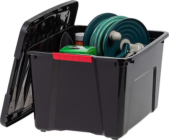 IRIS USA 40 Qt Stackable Plastic Storage Bins with Lids, 6 Pack - BPA-Free, Made in USA - Garage Organizing Solution, Latches, Durable Nestable Containers, Secure Pull Handle - Black