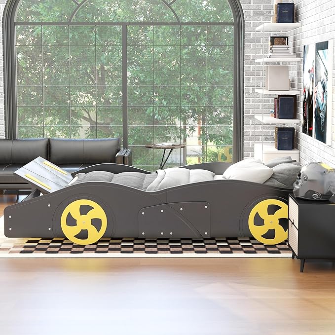 SOFTSEA Twin Car-Shaped Platform Bed with Storage and Wheels, Twin Race Car Bed Frames with Storage for Kids, No Box Sping Needed, Black+Yellow