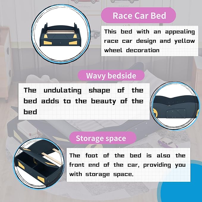 SOFTSEA Twin Car Shaped Bed Frame Modern Car-Shaped Platform Bed with Storage Headboard and Wheels, Wood Twin Platform Bed with Storage for Kids Boys, No Box Spring Needed, Blue+Yellow