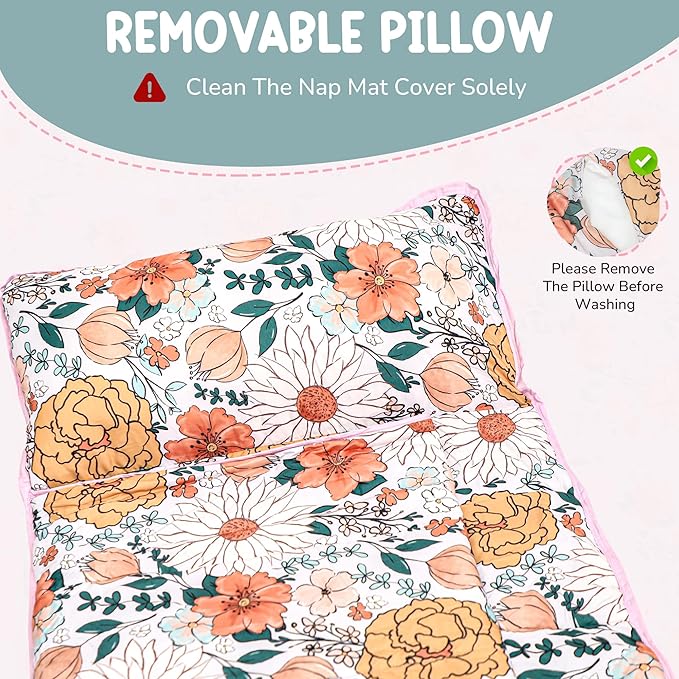 Morxy Toddler Nap Mat with Pillow & Blanket Large Portable Roll Up Nap Mats with Name Tag- Thick Kids Sleep Mat for Daycare, Preschool Travel and Camping for Age 3 and up