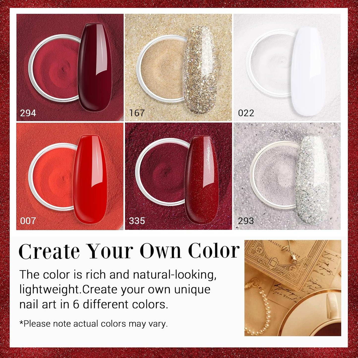 AZUREBEAUTY Dip Powder Nail Set, Red Burgundy Rose Berry Sparkle Milky Snow White Silver Glitter, 6 Colors Dipping Powder Starter Kit French Nail Art Manicure DIY Salon, No Need Nail Lamp Cured