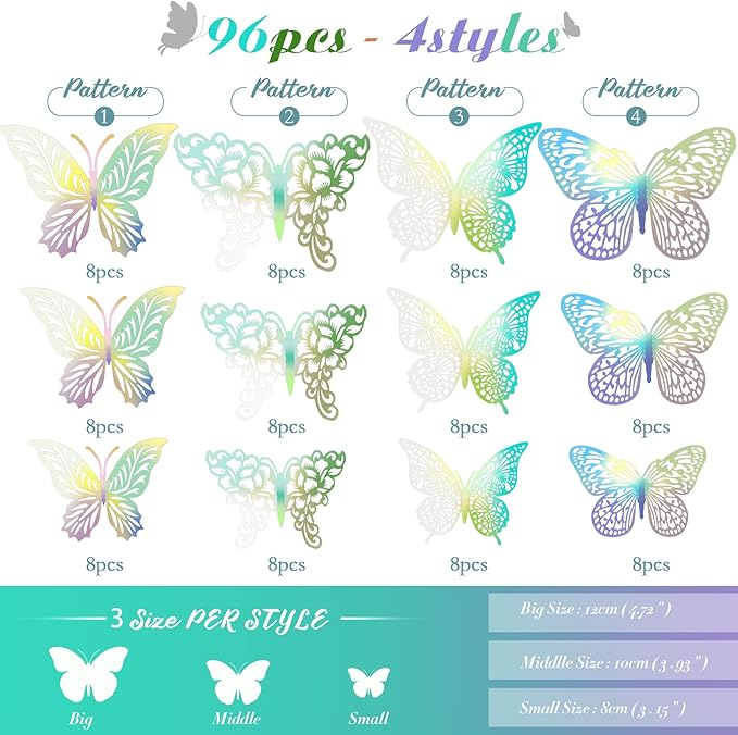 3D Gold Butterfly Wall Decor 3 Sizes 4 Styles Butterfly Party Decorations Cake Decorations Removable Stickers Wall Decor Room Mural Metallic Kids (Laser Colored, 96Pcs)