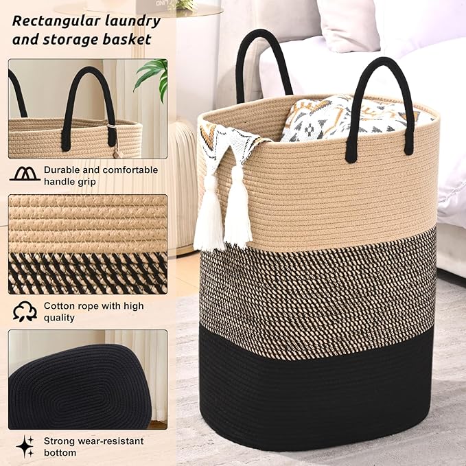 Woven Laundry Basket for Clothes, 100 L Large Rectangle Laundry Hampers, Nursery Storage Basket for Toys, Tall Dirty Clothes Hamper for Bedroom Aesthetic, Bathroom, Laundry Room