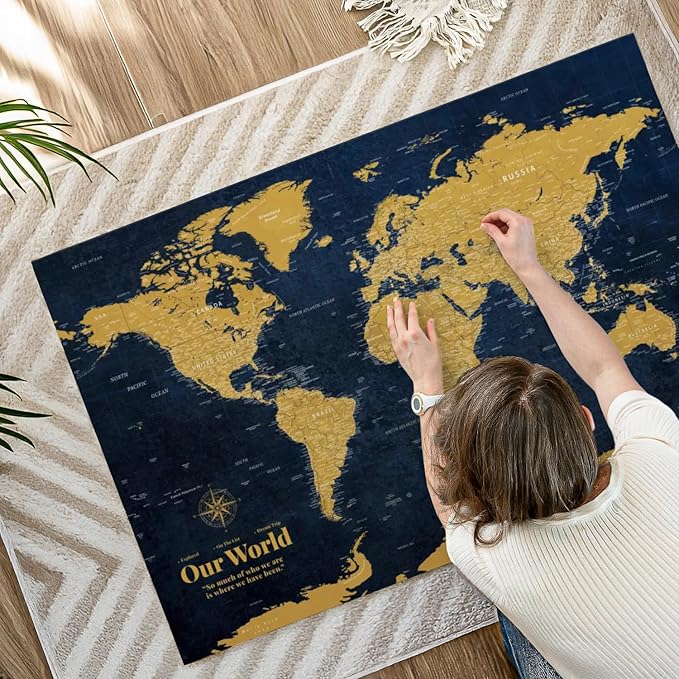 ElephantStock - Personalized Push Pin World Map - Gold Wall Art - Horizontal Canvas Wall Art - Living Room Wall Decor - Digital Art Map Canvas Art - Orange And Blue Decor - 48" x 32"