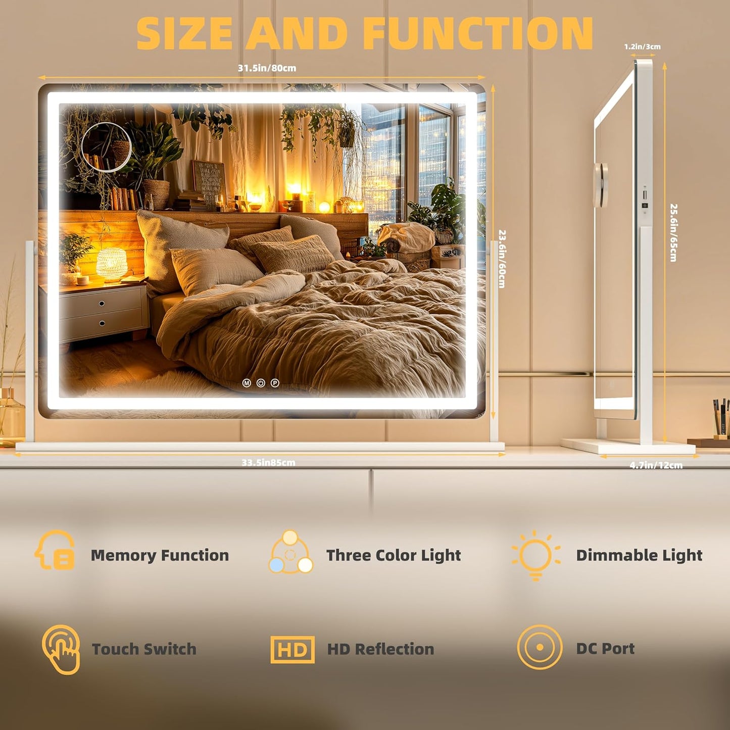 Vanity Mirror with Lights, 34'' x 25.6'' Lighted Makeup Mirror, Touch Screen with 3-Color Lighting, Dimmable for Vanity Desk Tabletop Round White