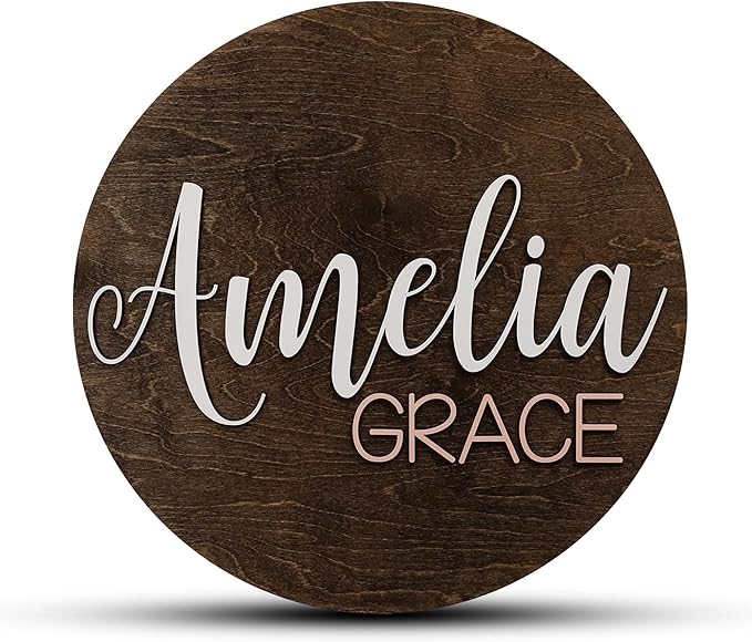 Custom Round Nursery Name Sign, Personalized Wooden Wall Plaque, 12" 18" 24", 30" 3D Wall Art for Children & Kids Rooms, Baby Shower, Hickory Hollow Designs (Amelia Grace)