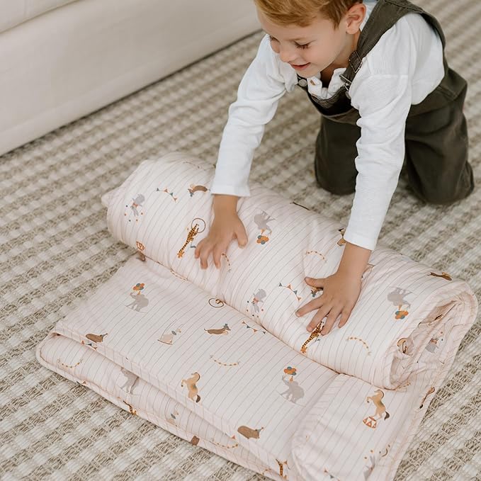 Organic Toddler Nap Mat – 100% Cotton Kids Washable Sleeping Mat & Detachable Pillow – Sleeping Bag with Soft 1.5” Pad – Ideal Nap Mat for Daycare, Preschool, & Sleepovers