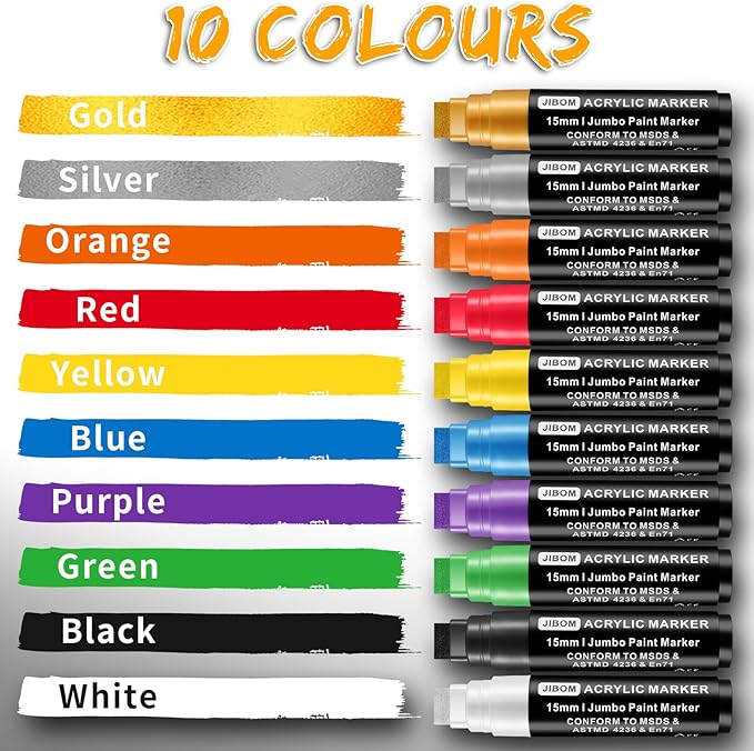 10 Colors Jumbo Acrylic Paint Markers (2 Metallic), 15mm Extra Large Felt Tip Thick Paint Pens for Rock, Wood, Ceramic, Glass, Canvas, Eggs,Pumpkins, Poster Painting Vibrant, Long Lasting Art Supplies