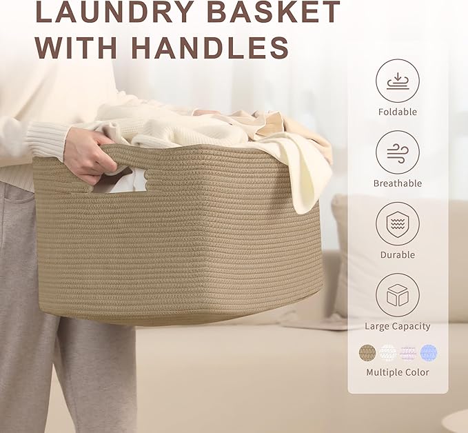 72L Large Wicker Laundry Basket for Living Room Storage,Boho Woven Cotton Rope Baskets for Kids Toy,Gifts,Square Blanket Hamper for Bedroom Dirty Clothes,Jute