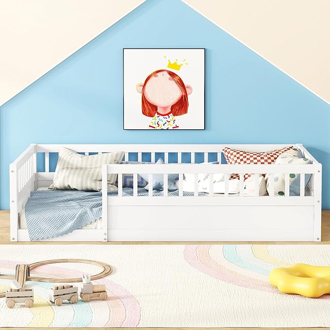 Bellemave Kids Montessori Floor Bed,Twin Size Floor Bed with High Fence and Door,Twin Bed Frame with Guardrails for Kids,Girls,Boys,Twin,White