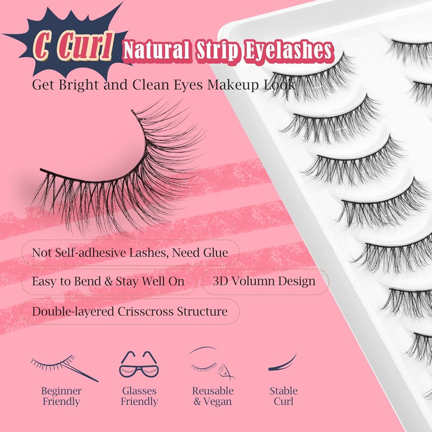 Eyelashes Natural Cat Eye Lashes False Eyelashes Wispy Lashes C Curl Flared Eye Lashes Pack Cat Eyelashes Soft Strip Lashes 12mm Lash Strips Siligli 10 Pair