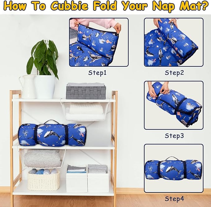 Toddler Nap Mat with Removable Pillow and Soft Dot Minky Blanket, Pea Pod Kids Shark Napping Mats Extra Large Rolled Slumber Bags for Boys Preschool, Daycare, Camping, 22.9 x 51.2inches Ages 3-7 Years