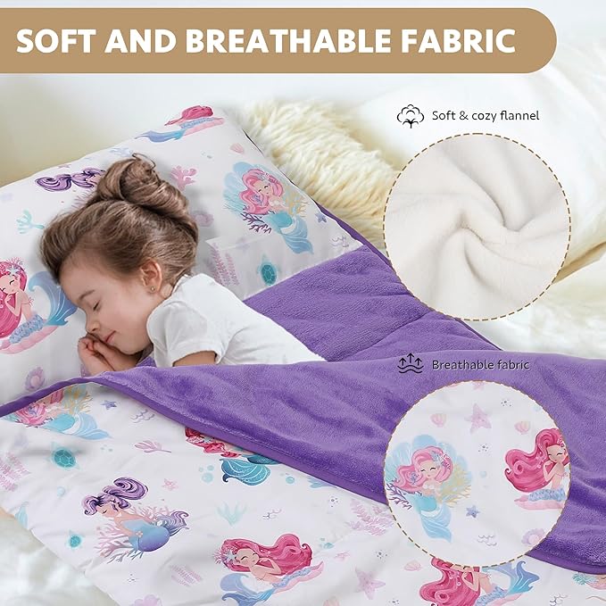 Toddler Nap Mat with Detachable Pillow & Blanket - Soft Plush Minky Fleece Kids Sleeping Bag for Daycare, Preschool & Travel - Portable Roll-Up Design with Carry Handle - Boys Girls Ages 3+