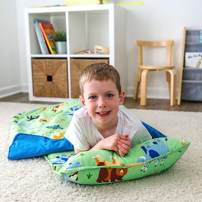 Wildkin Kids Original Nap Mat – Cozy Kids Sleep Mat with Pillow, Ideal for School & Travel - Wild Animals