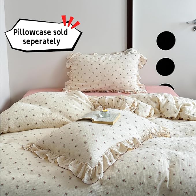 BuLuTu Muslin Cotton Duvet Cover Full Elegant Ruffles Duvet Covers Soft Breathable Comforter Cover Kids Adults Bedding Floral Quilted Cover, 79"x90", No Pillow/Pillow Cases